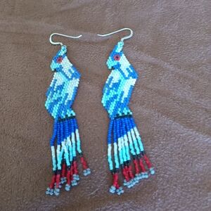 Handmade Seed Bead Parrot Bird Dangle Earrings | Blue Turquoise Red | Boho South